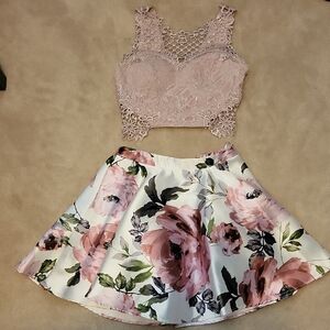 City Studio Pink Floral Skirt And Cropped Lace Top.